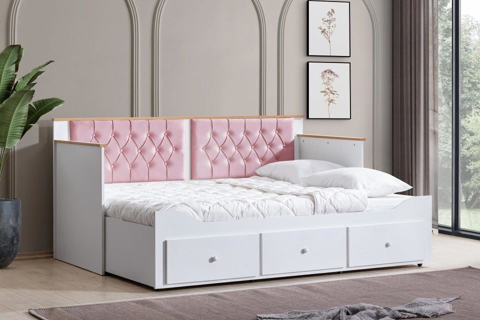 Alaçatı Divan Karyola Çekmeceli Açılır Çift Kişilik (Yataksız) Pembe