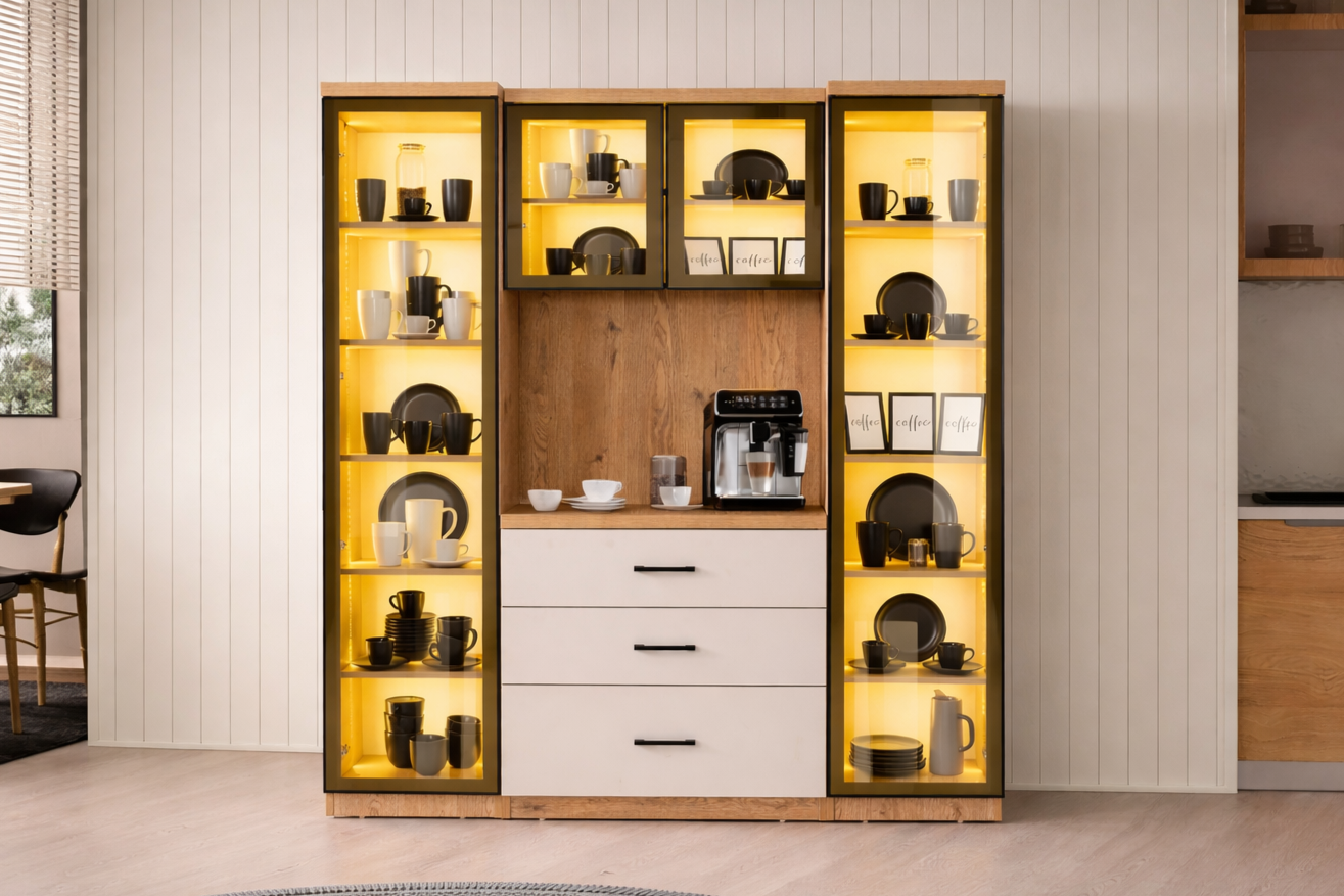 Liveo Kahve Köşesi + Çok Amaçlı Raflı İki Kapaklı Dolap