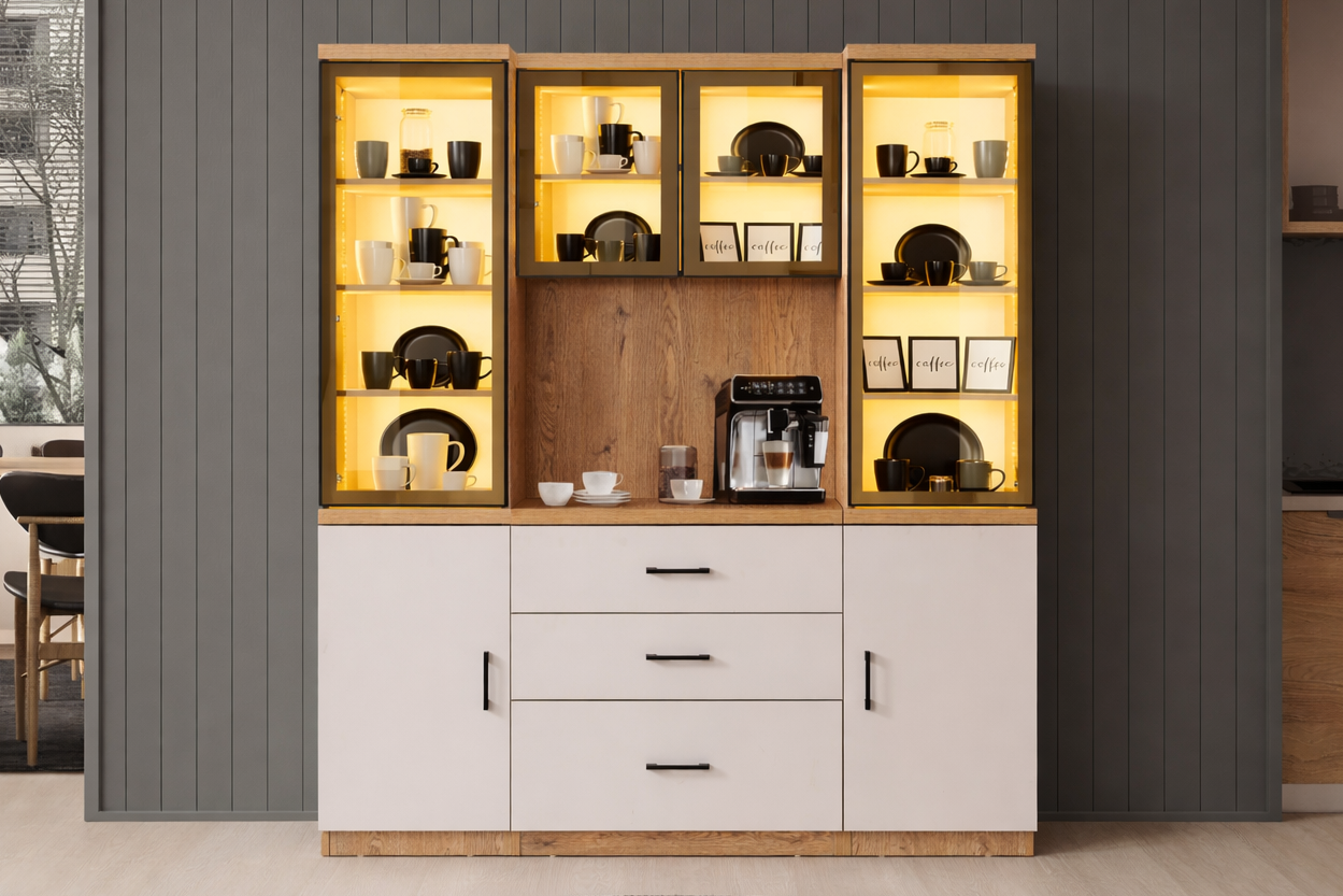 Adrea Kahve Köşesi + Çok Amaçlı Raflı Iki Kapaklı Dolap