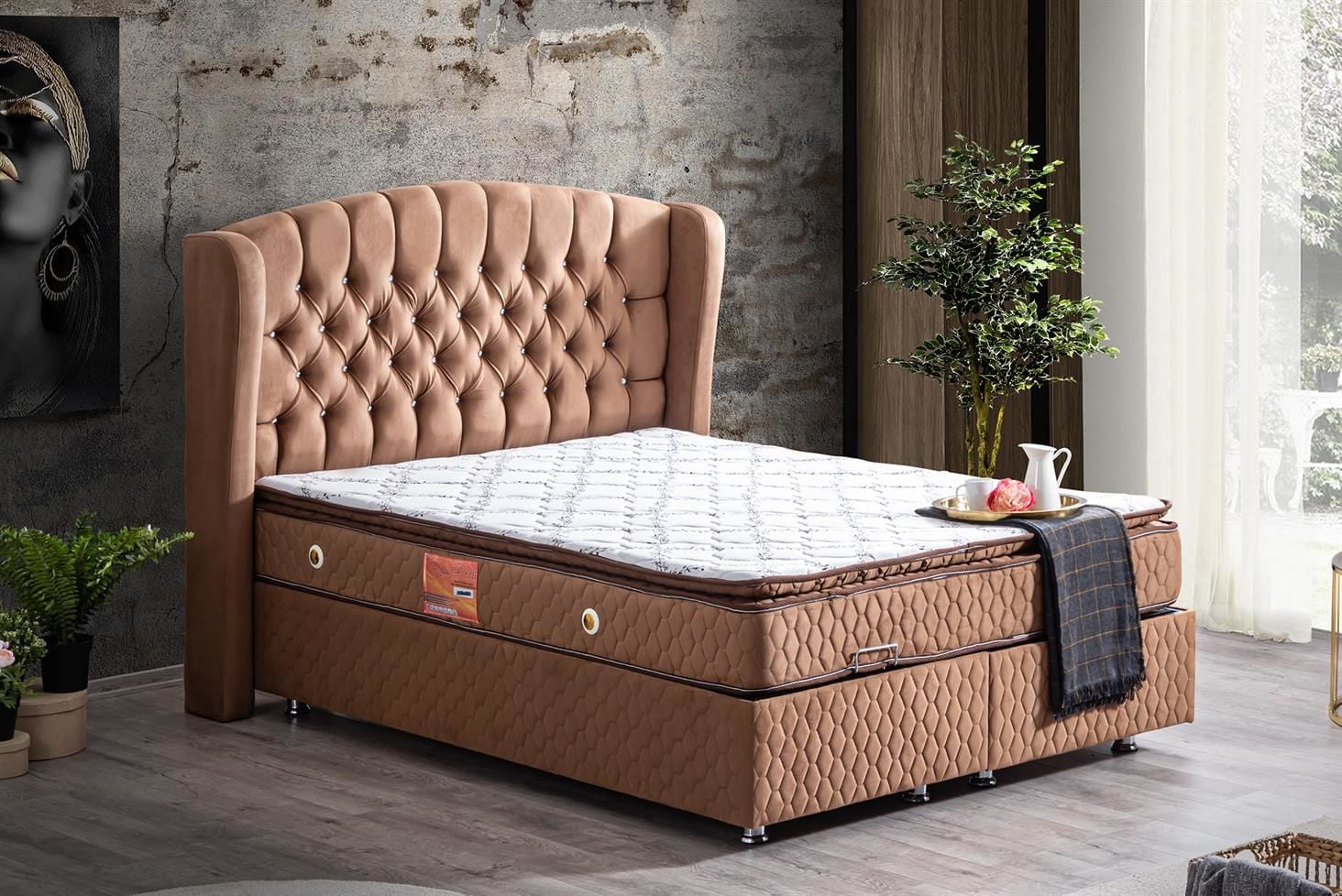 Nice Baza Başlık Real Pedli Seti 120 x 200 - Açık Kahve