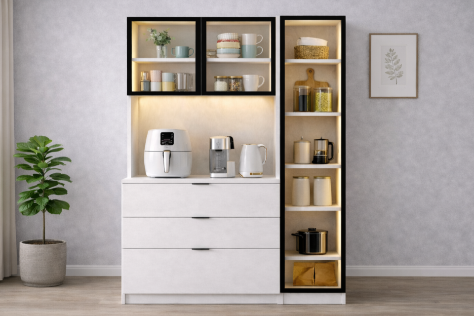 Laetus Kahve Köşesi + Çok Amaçlı Raflı Temperli Cam Kapaklı Dolap - Beyaz