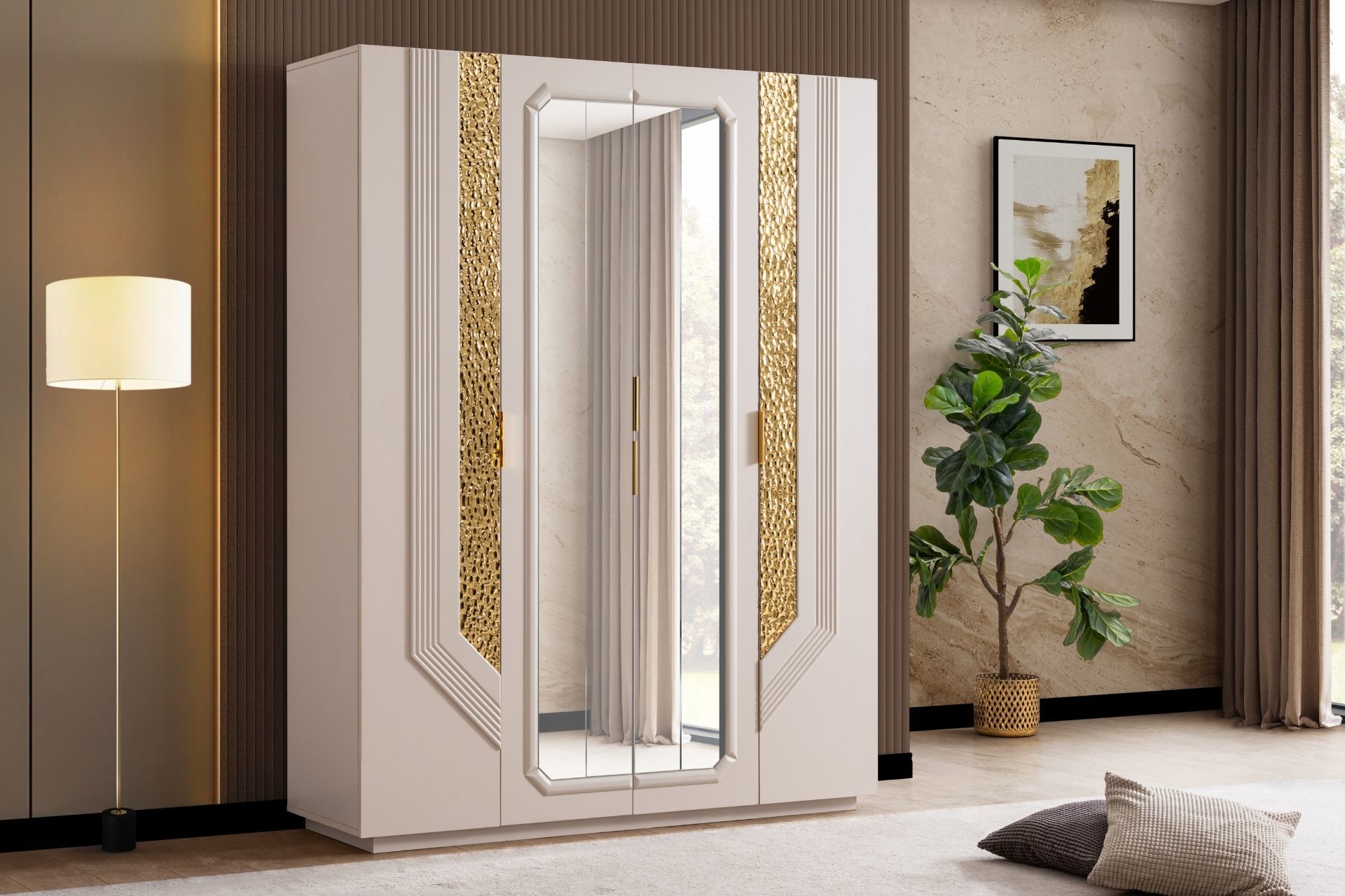 Velora 4 Kapaklı Aynalı Dolap Altın