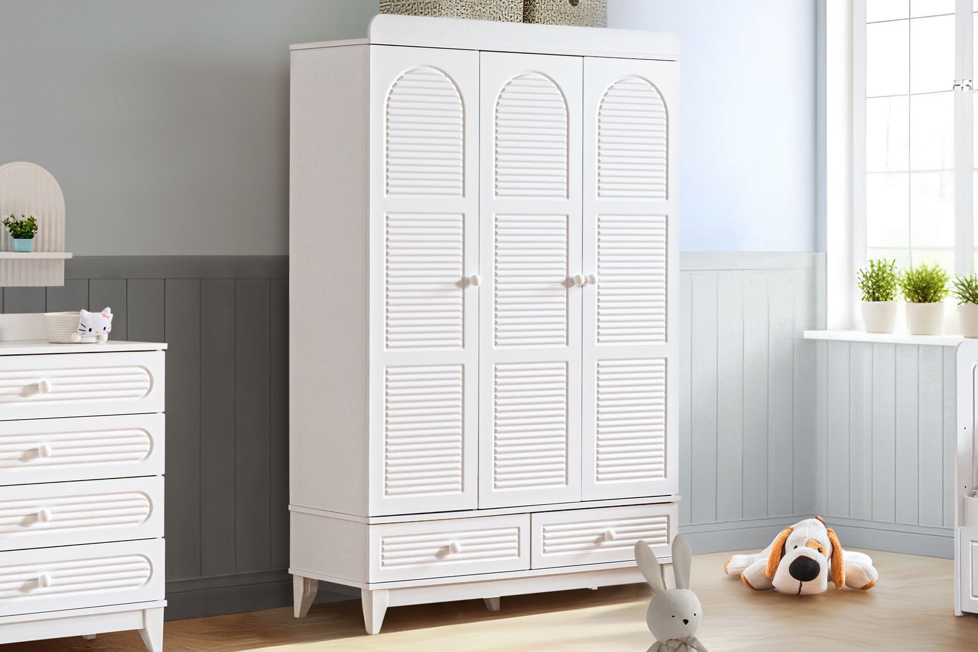 Tetri 3 Kapaklı 2 Çekmeceli Dolap - Beyaz