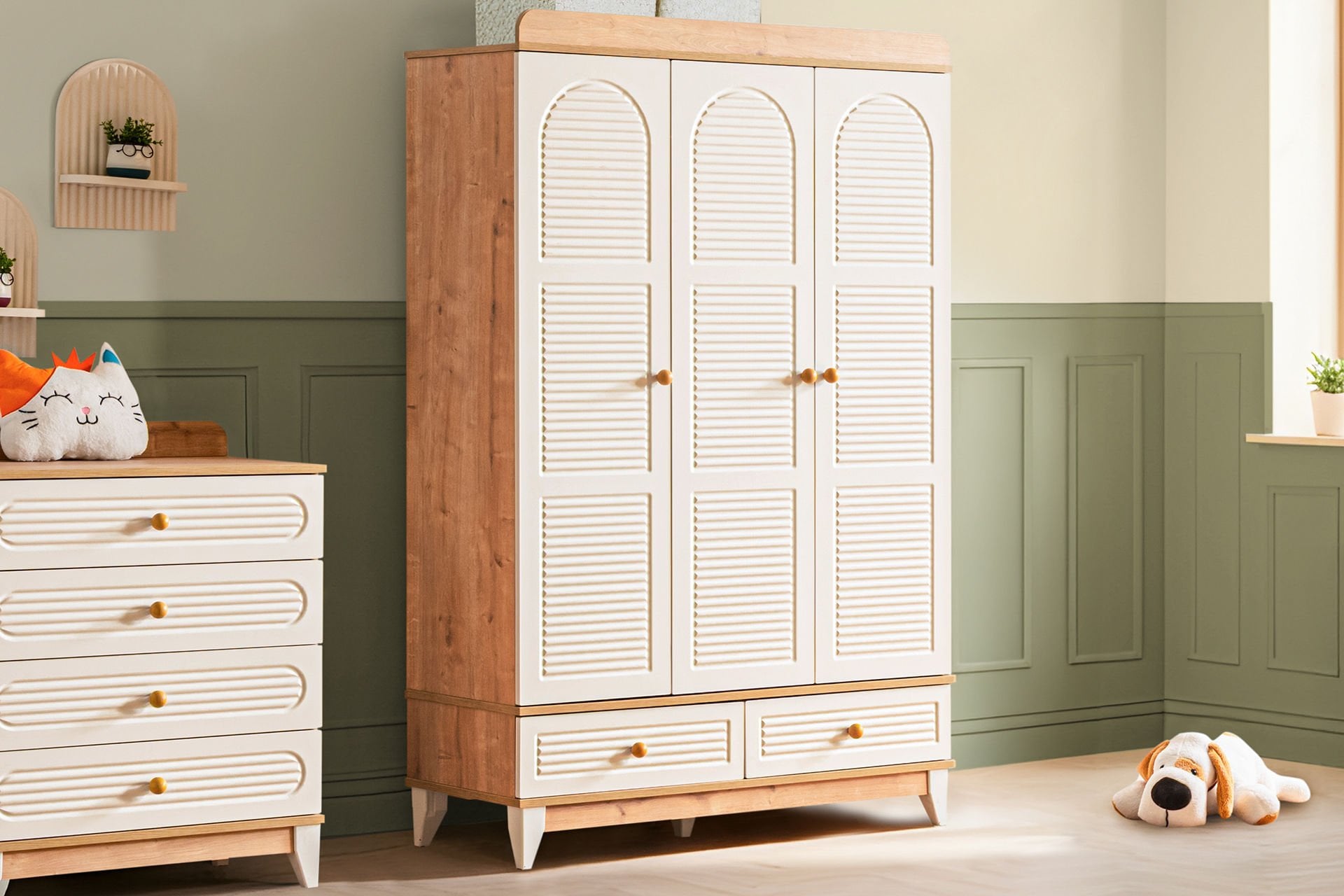 Tetri 3 Kapaklı 2 Çekmeceli Dolap, Ceviz - Krem