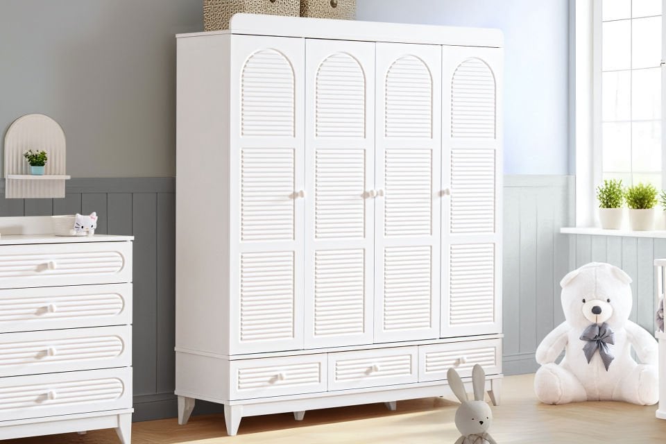 Tetri 4 Kapaklı 3 Çekmeceli Dolap - Beyaz