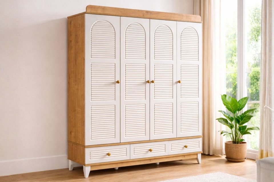 Tetri 4 Kapaklı 3 Çekmeceli Dolap, Ceviz - Krem