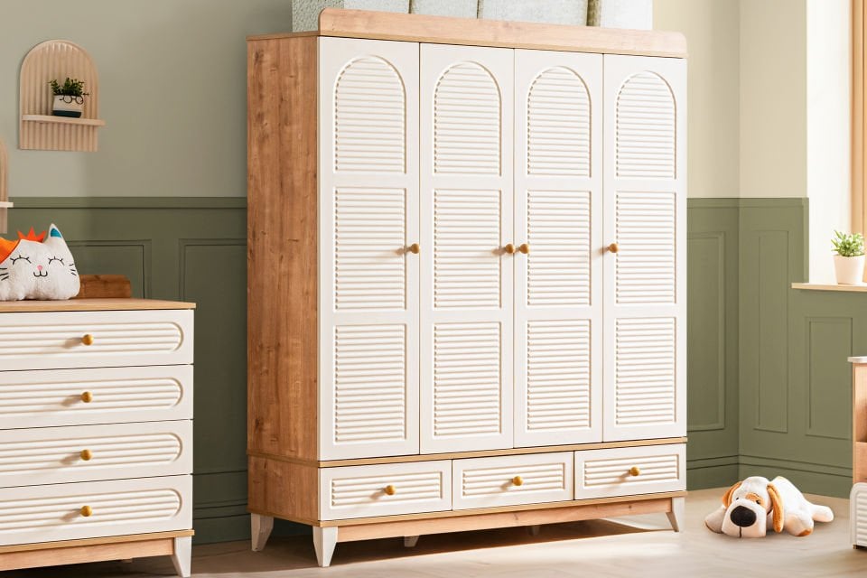 Tetri 4 Kapaklı 3 Çekmeceli Dolap, Ceviz - Krem