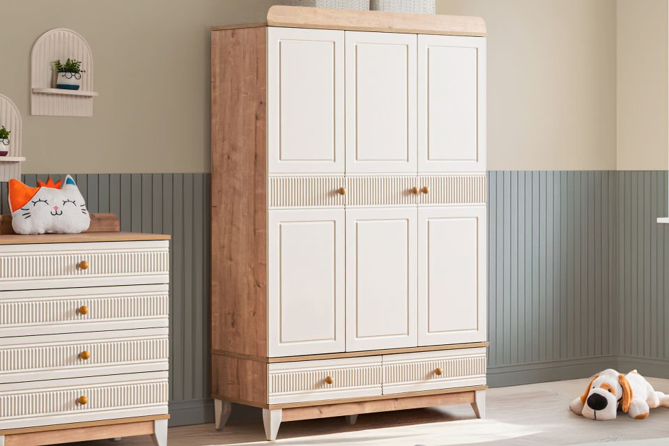 Bakü 3 Kapaklı 2 Çekmeceli Dolap, Ceviz - Krem