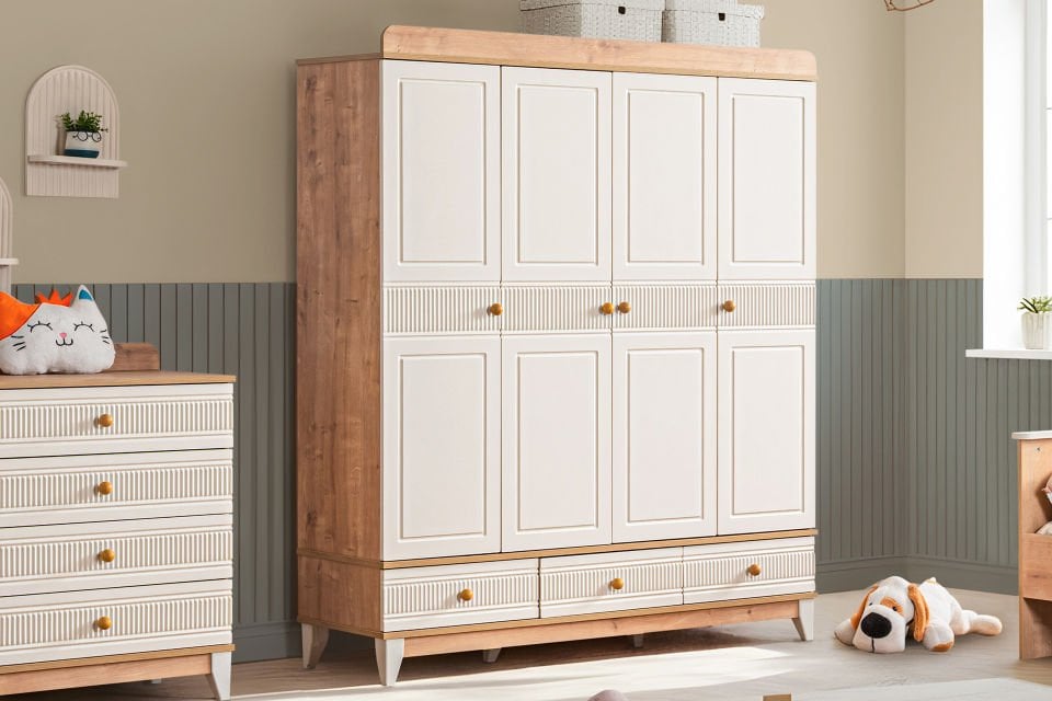 Bakü 4 Kapaklı 3 Çekmeceli Dolap, Ceviz - Krem