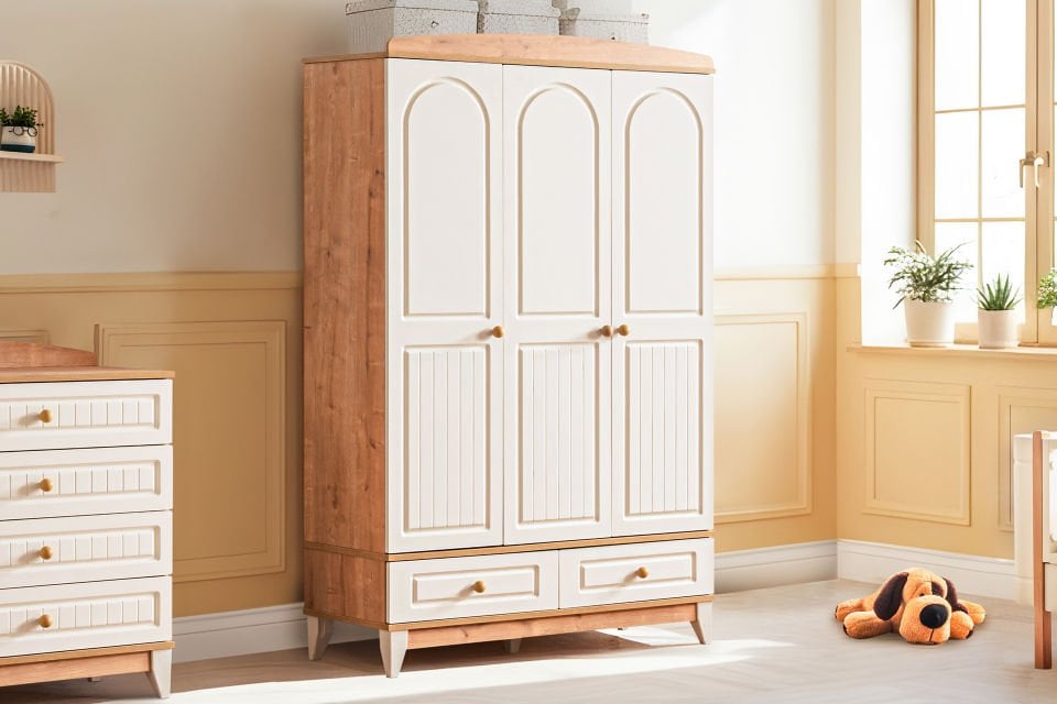 Deniz 3 Kapaklı 2 Çekmeceli Dolap, Ceviz - Krem