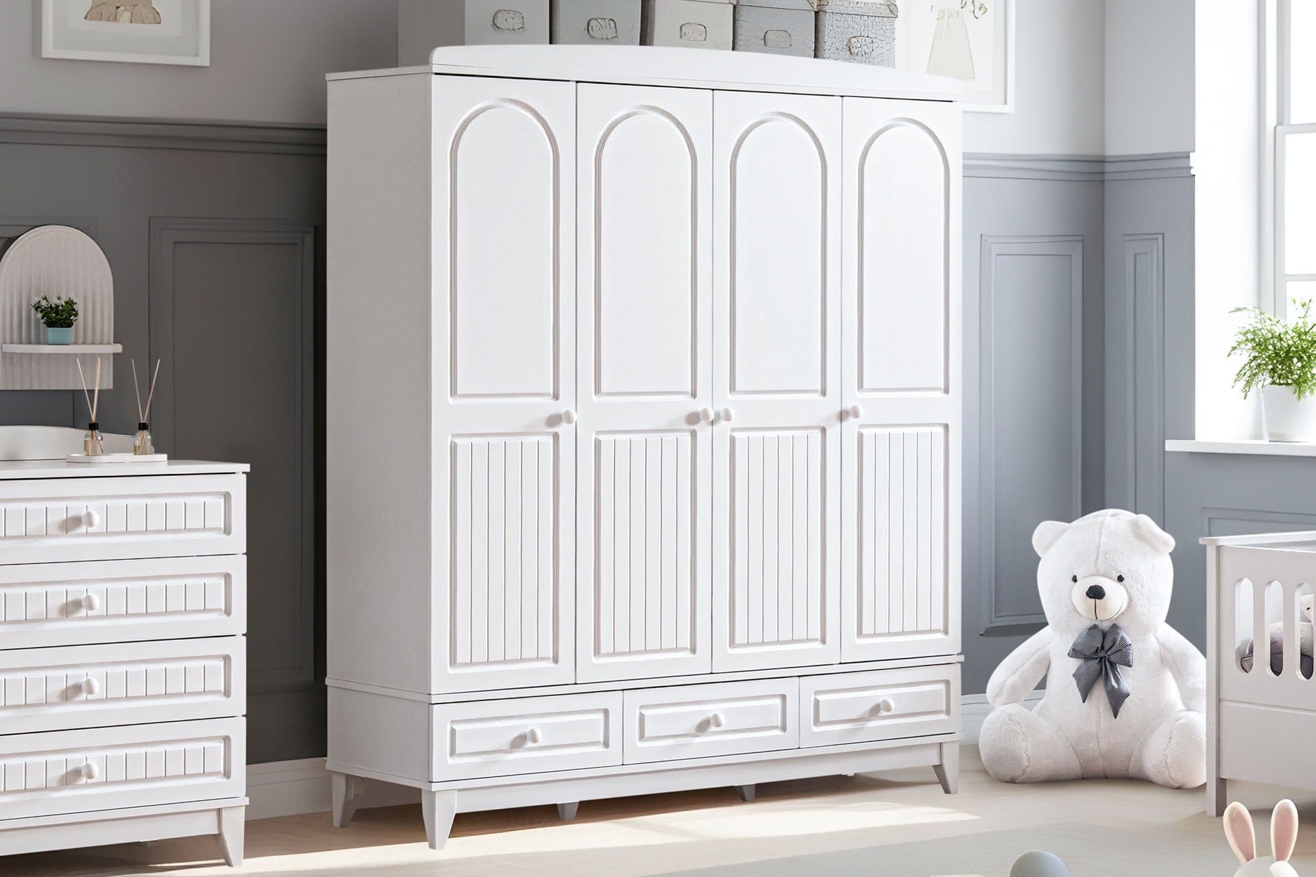 Deniz 4 Kapaklı 3 Çekmeceli Dolap - Beyaz