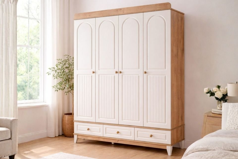 Deniz 4 Kapaklı 3 Çekmeceli Dolap, Ceviz - Krem