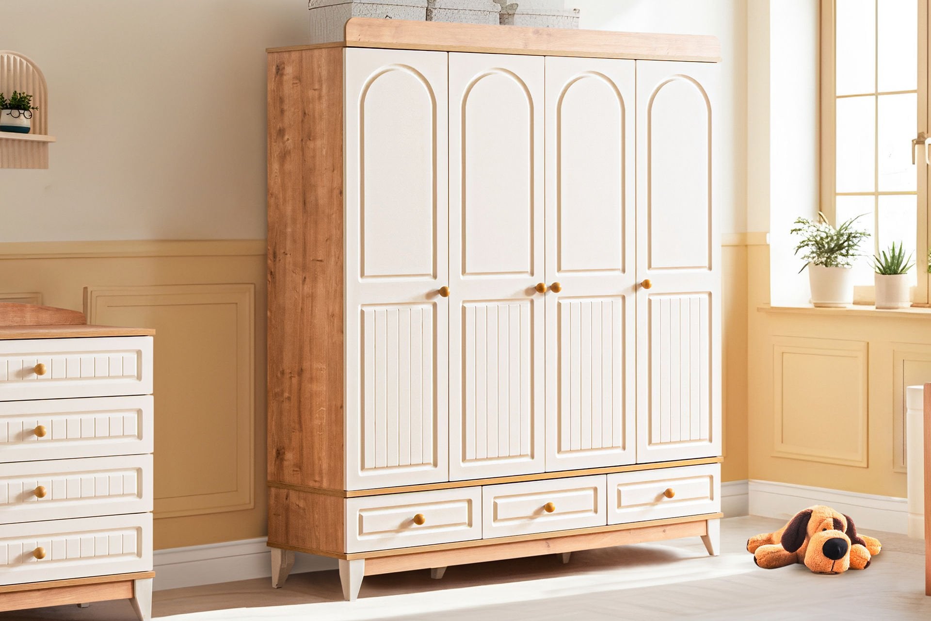 Deniz 4 Kapaklı 3 Çekmeceli Dolap, Ceviz - Krem
