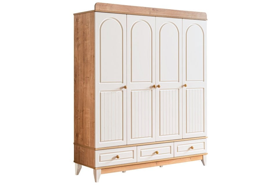 Deniz 4 Kapaklı 3 Çekmeceli Dolap, Ceviz - Krem