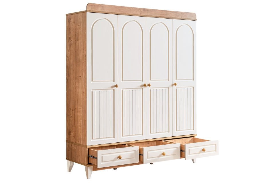 Deniz 4 Kapaklı 3 Çekmeceli Dolap, Ceviz - Krem