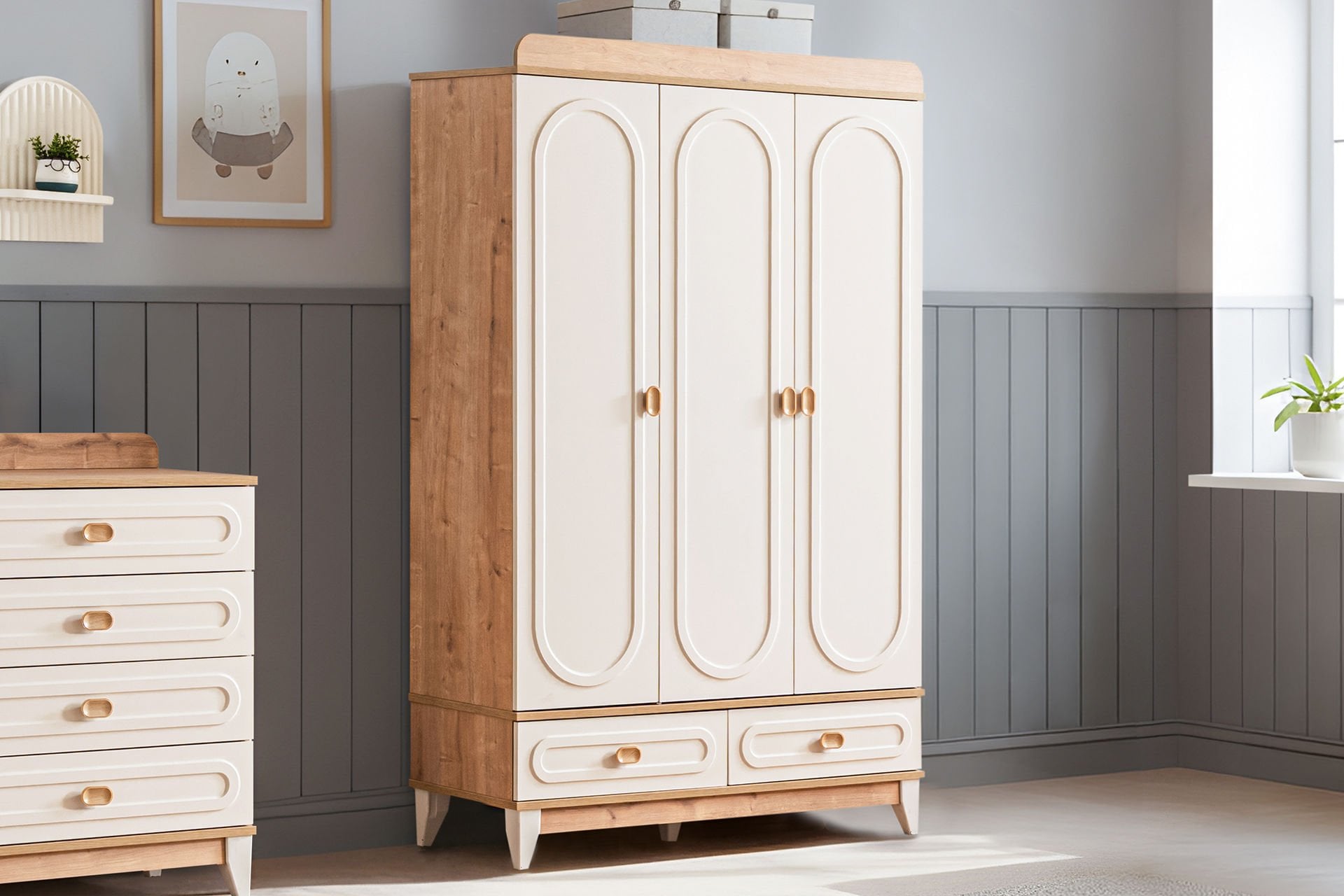 Soft 3 Kapaklı 2 Çekmeceli Dolap, Ceviz - Krem