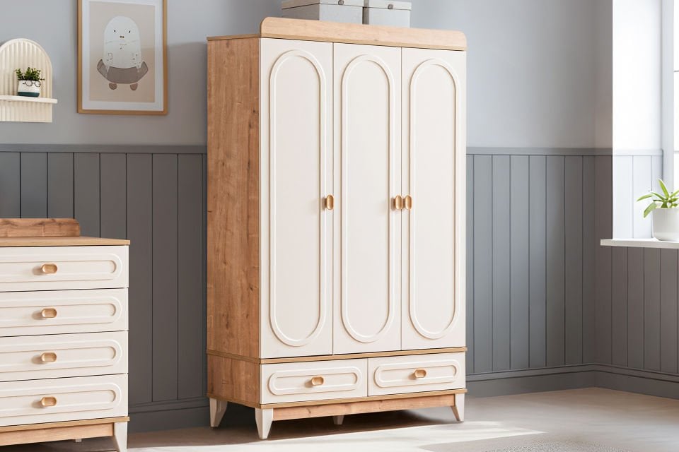 Soft 3 Kapaklı 2 Çekmeceli Dolap, Ceviz - Krem