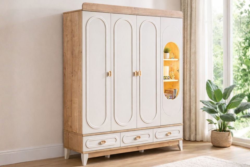 Soft 4 Kapaklı 3 Çekmeceli Dolap, Ceviz - Krem