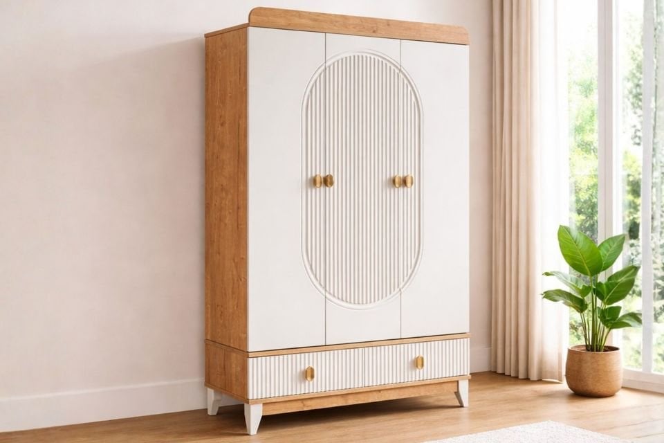 Vizyon 3 Kapaklı 2 Çekmeceli Dolap, Ceviz - Krem