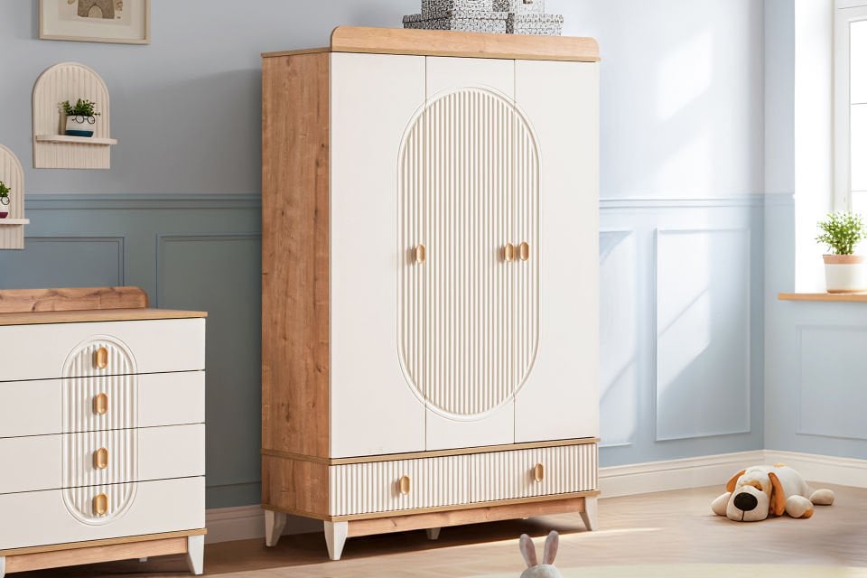 Vizyon 3 Kapaklı 2 Çekmeceli Dolap, Ceviz - Krem