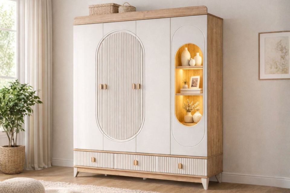 Vizyon 4 Kapaklı 3 Çekmeceli Dolap, Ceviz - Krem