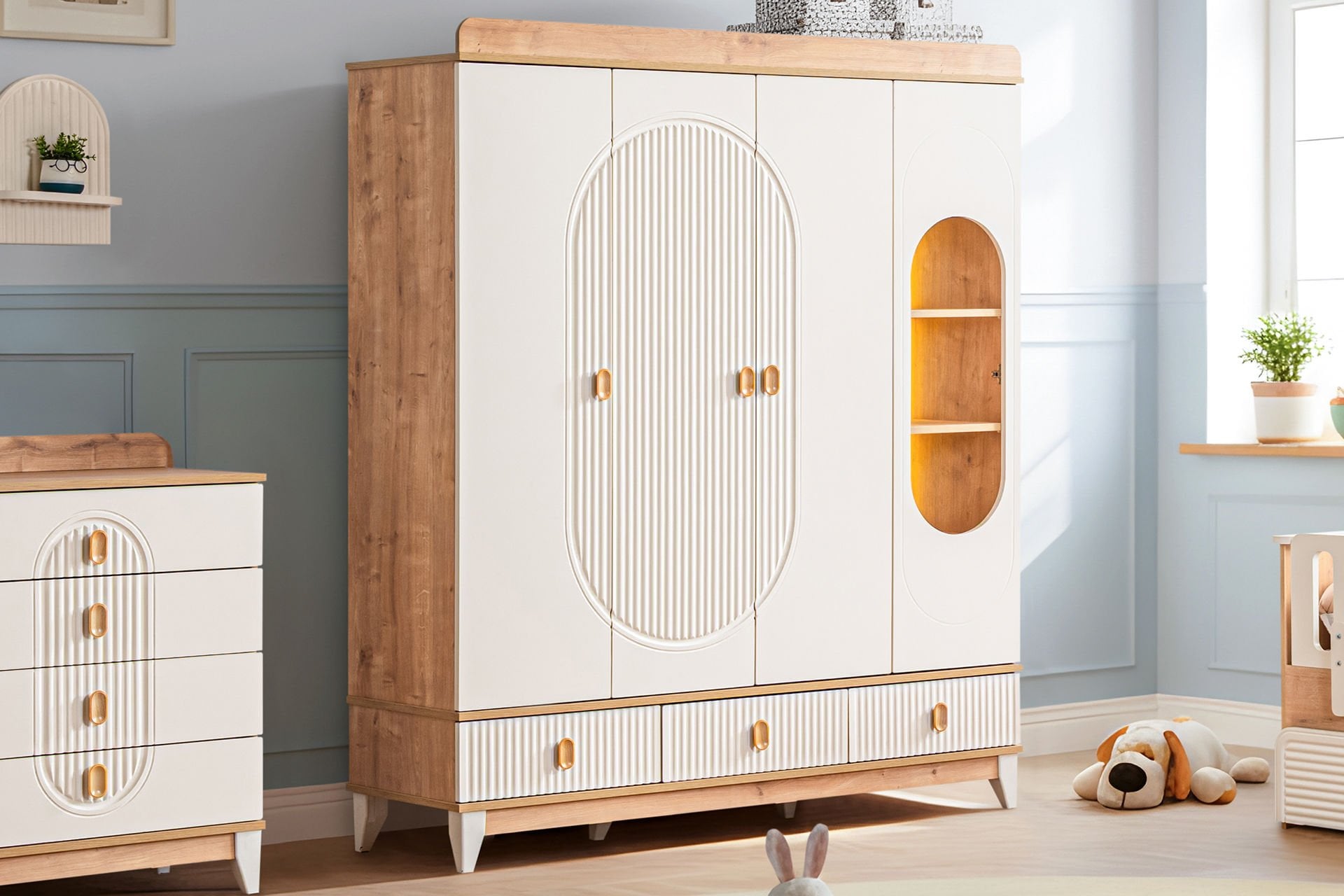 Vizyon 4 Kapaklı 2 Çekmeceli Dolap, Ceviz - Krem