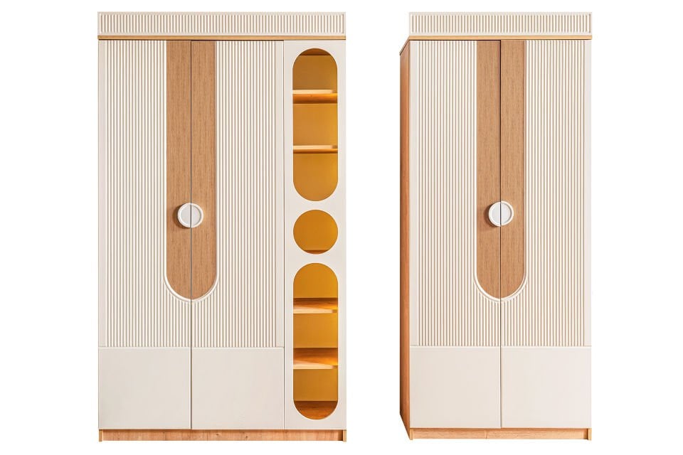 Vira 4 Kapaklı Dolap ve Ledli Kitaplık, Ceviz - Krem