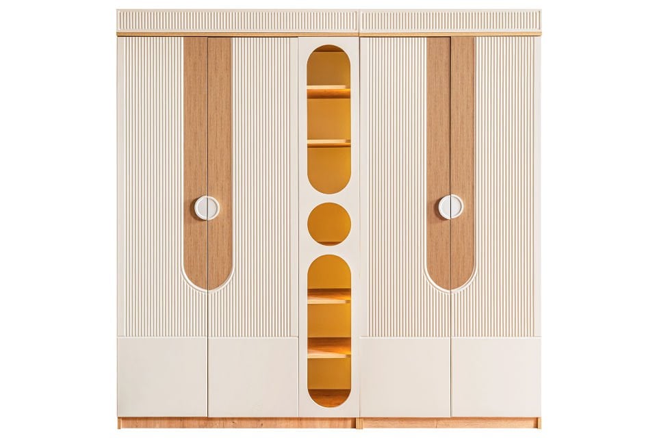 Vira 4 Kapaklı Dolap ve Ledli Kitaplık, Ceviz - Krem