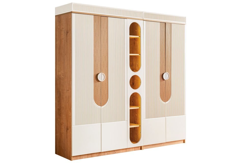 Vira 4 Kapaklı Dolap ve Ledli Kitaplık, Ceviz - Krem