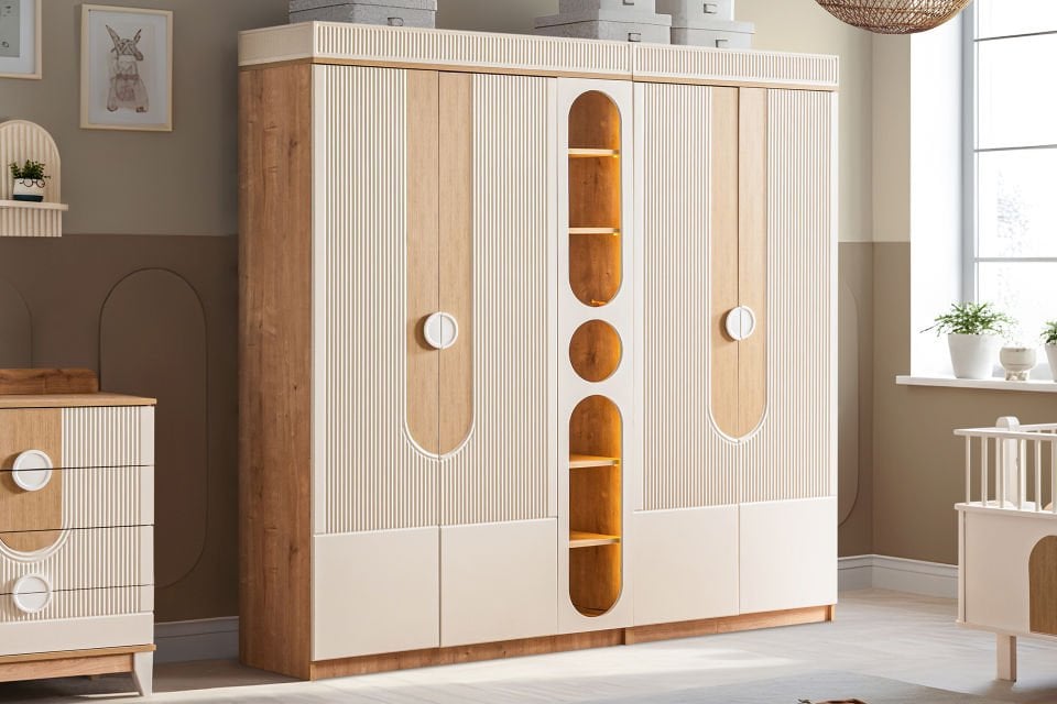 Vira 4 Kapaklı Dolap ve Ledli Kitaplık, Ceviz - Krem