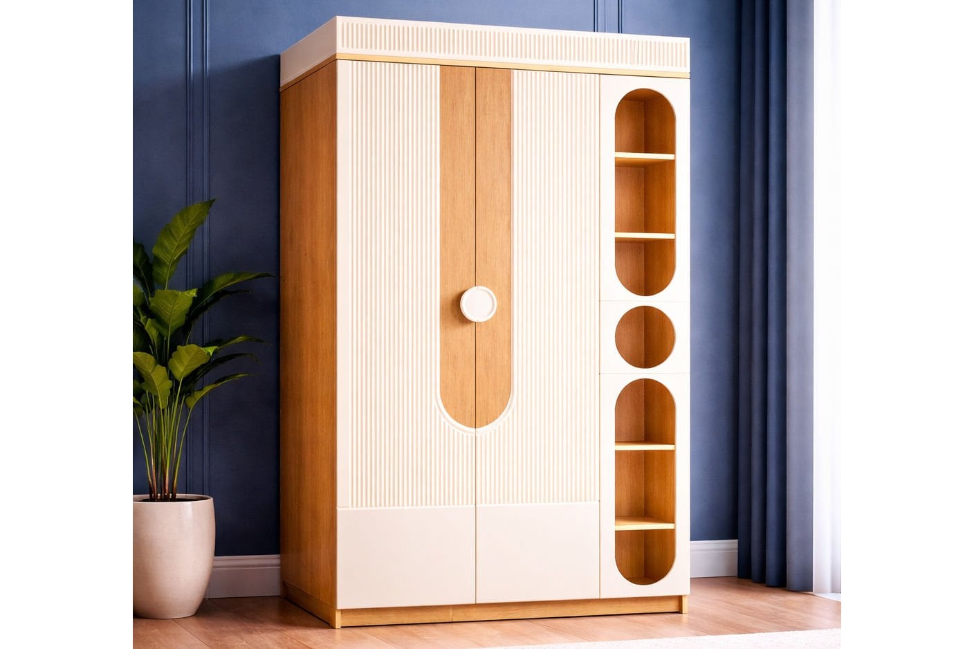 Vira 2 Kapaklı Dolap ve Ledli Kitaplık, Ceviz - Krem