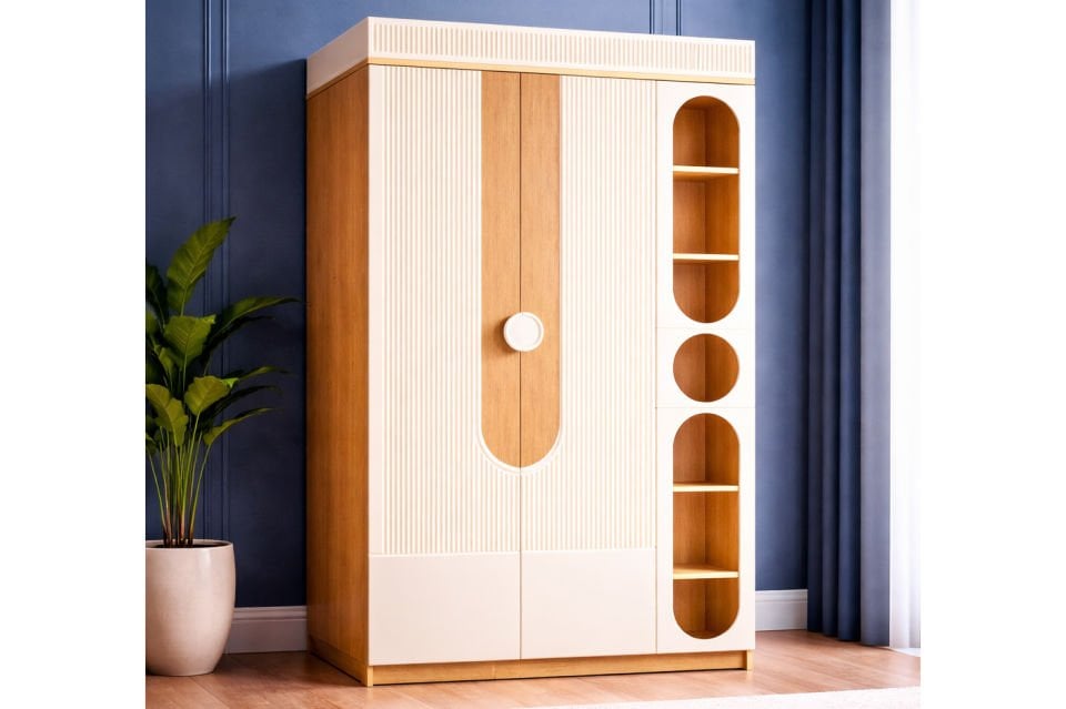 Vira 2 Kapaklı Dolap ve Ledli Kitaplık, Ceviz - Krem