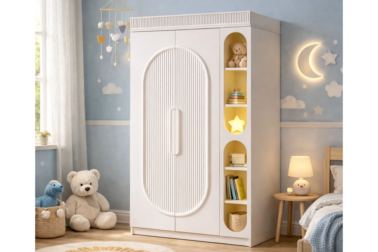 Athena 2 Kapaklı Ledli Kitaplıklı Gardırop - Beyaz