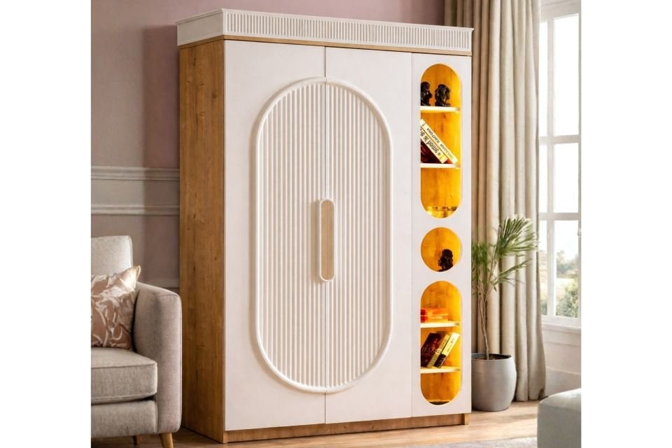 Athena 2 Kapaklı Dolap ve Ledli Kitaplık, Ceviz - Krem