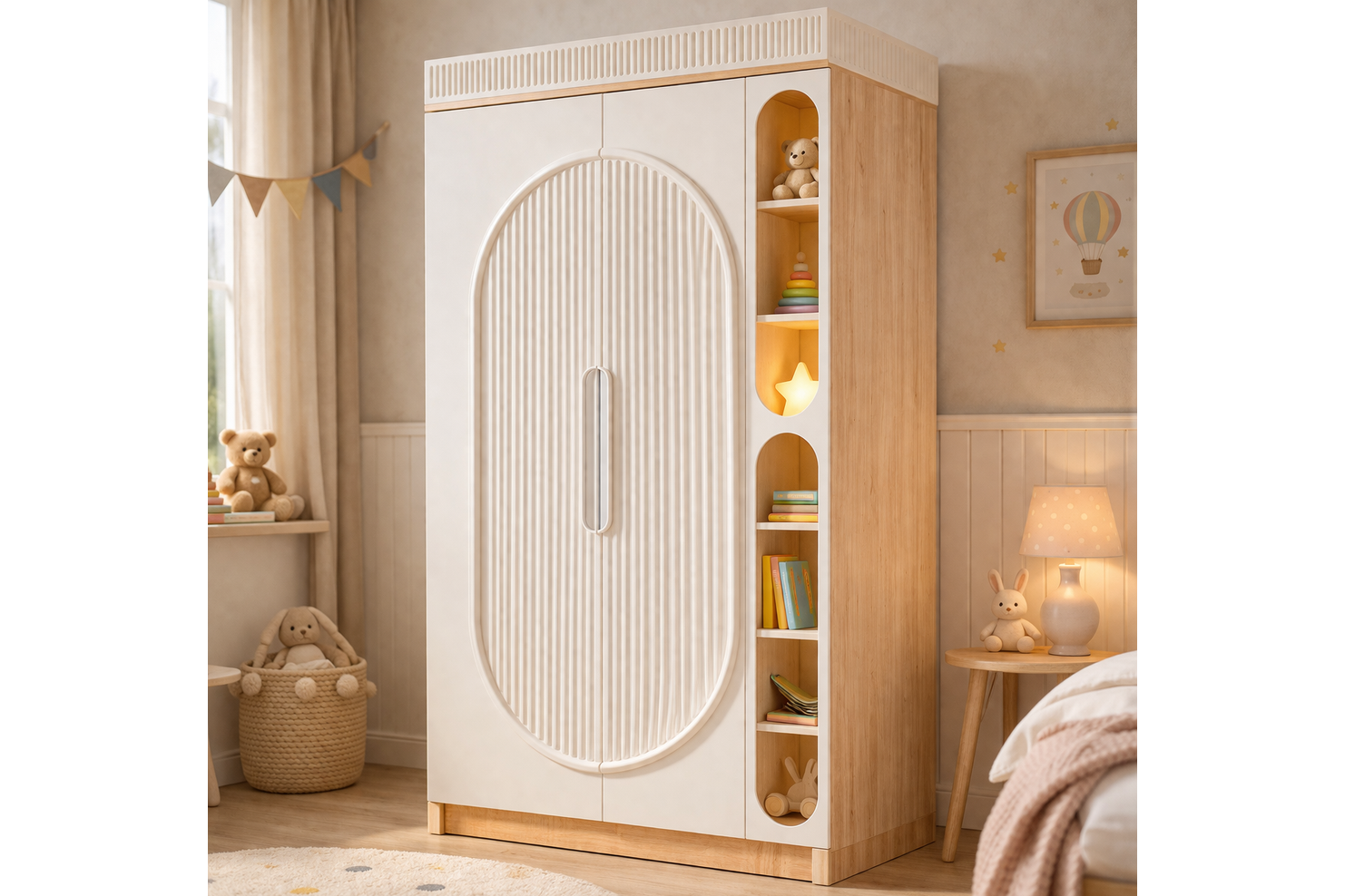 Athena 2 Kapaklı Dolap ve Ledli Kitaplık, Ceviz - Krem