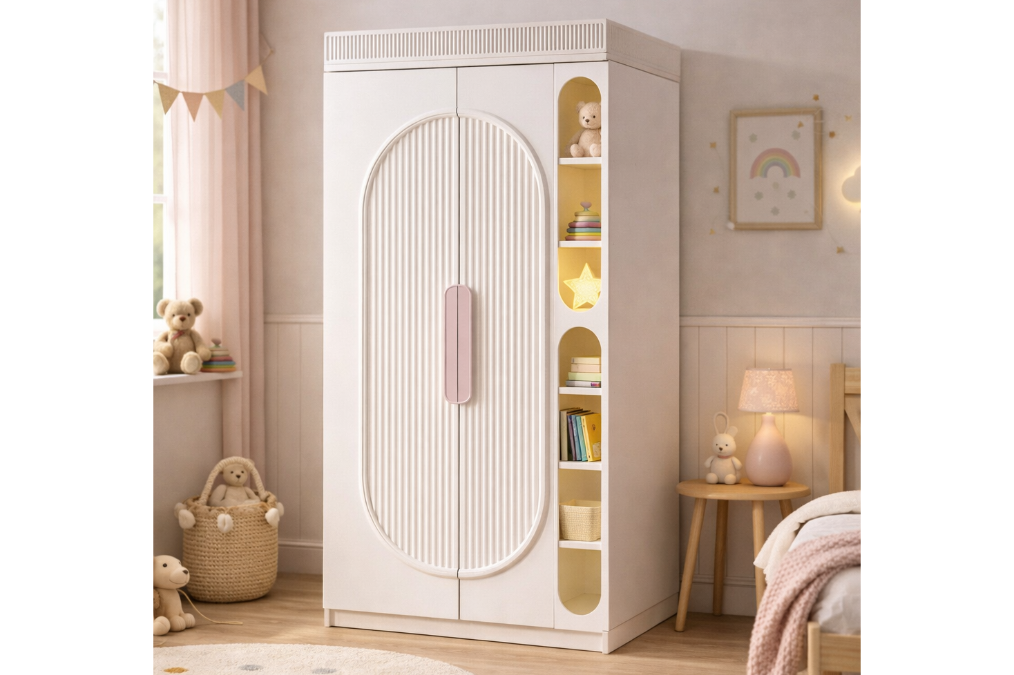 Athena 2 Kapaklı Ledli Kitaplıklı Gardırop - Pembe