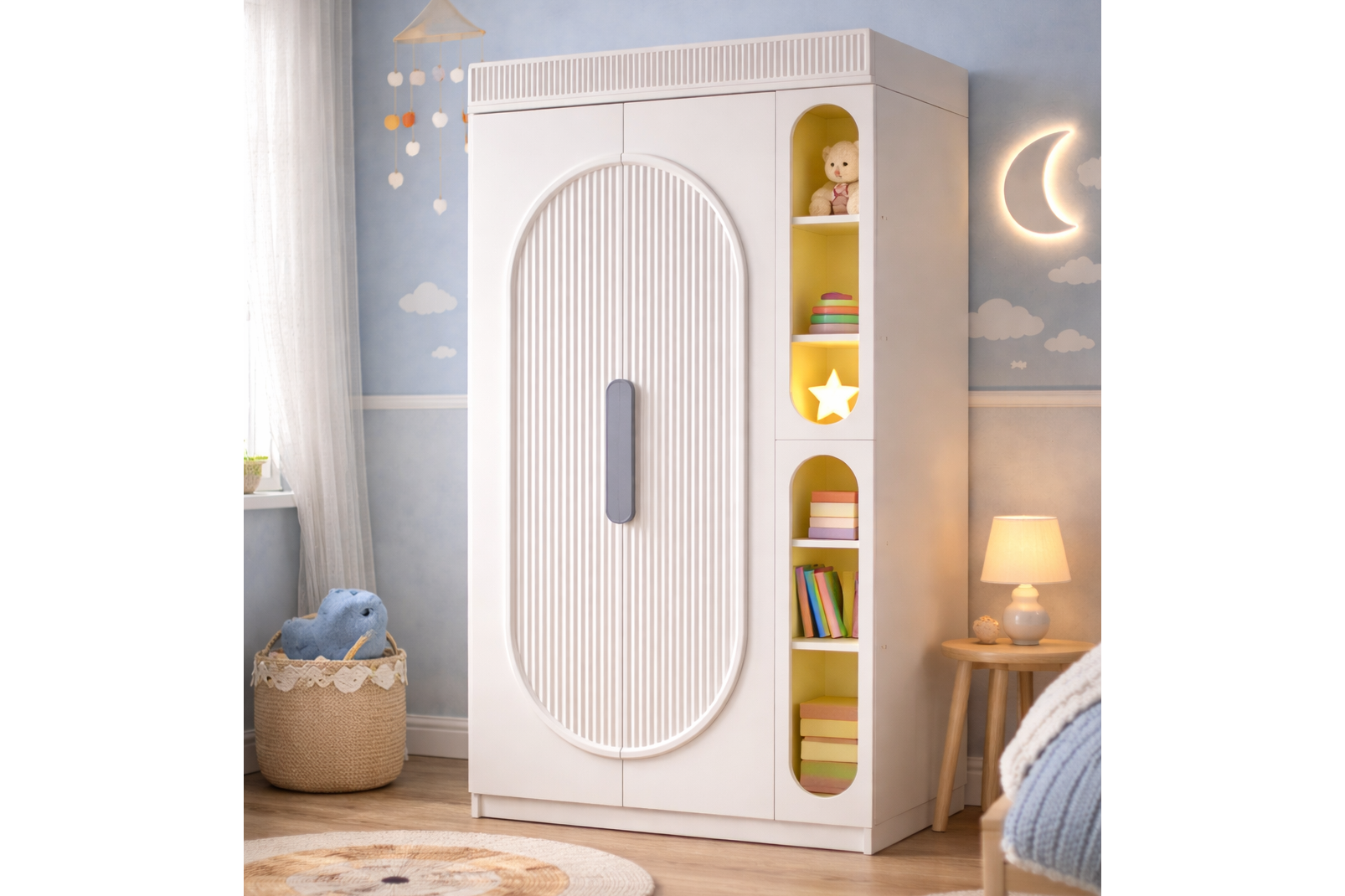 Athena 2 Kapaklı Ledli Kitaplıklı Gardırop - Gri