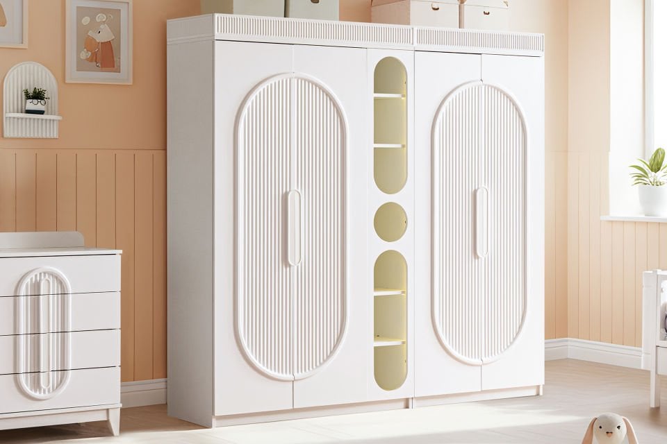 Athena 4 Kapaklı Ledli Kitaplıklı Gardırop - Beyaz