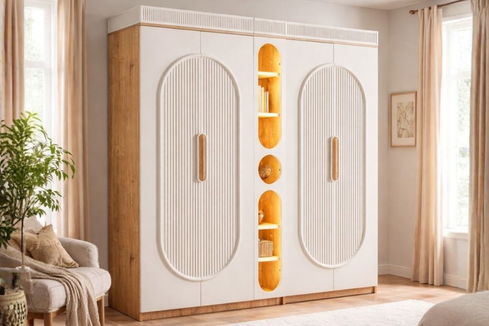 Athena 4 Kapaklı Ledli Kitaplıklı Gardırop, Ceviz - Krem