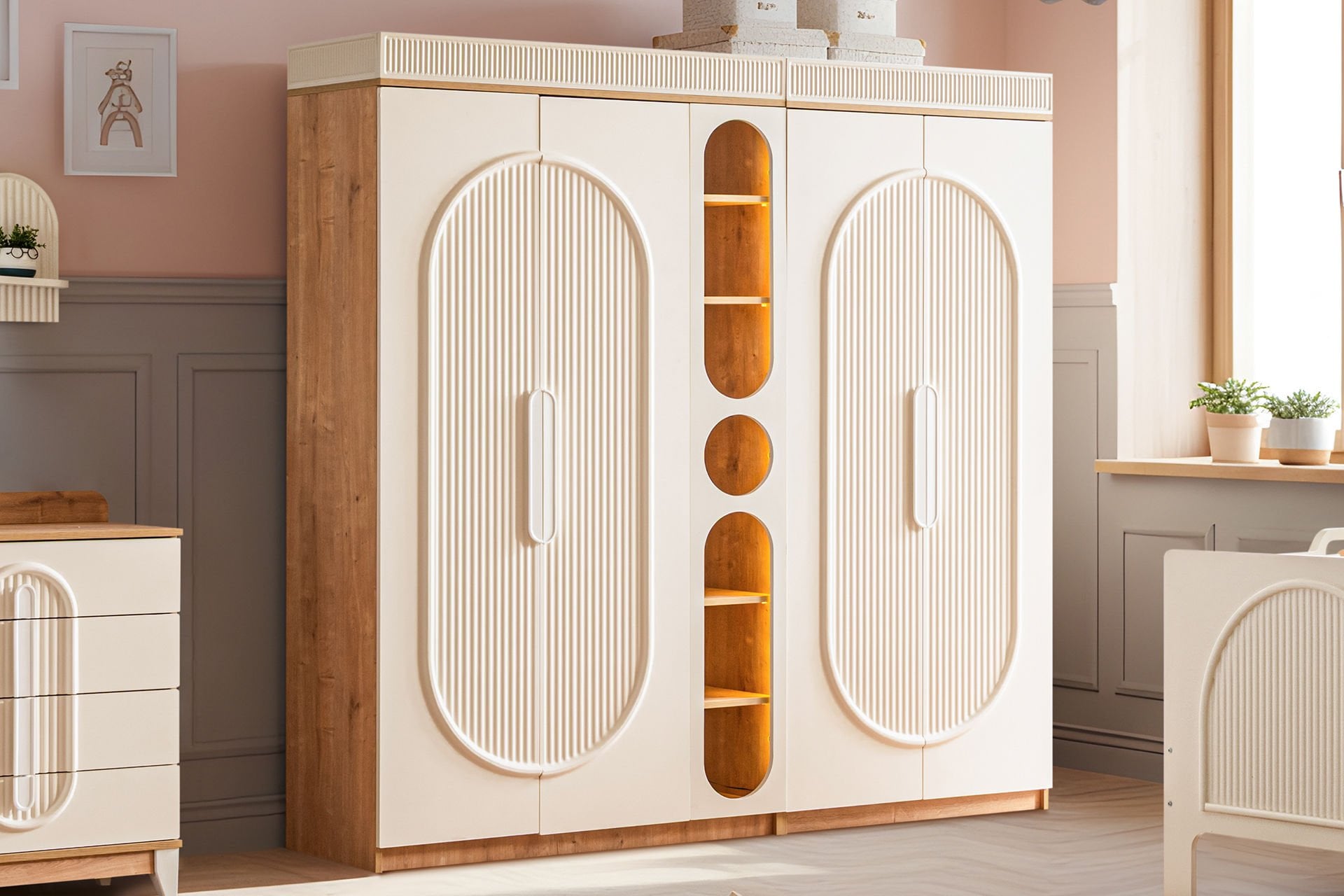 Athena 4 Kapaklı Dolap ve Ledli Kitaplık, Ceviz - Krem