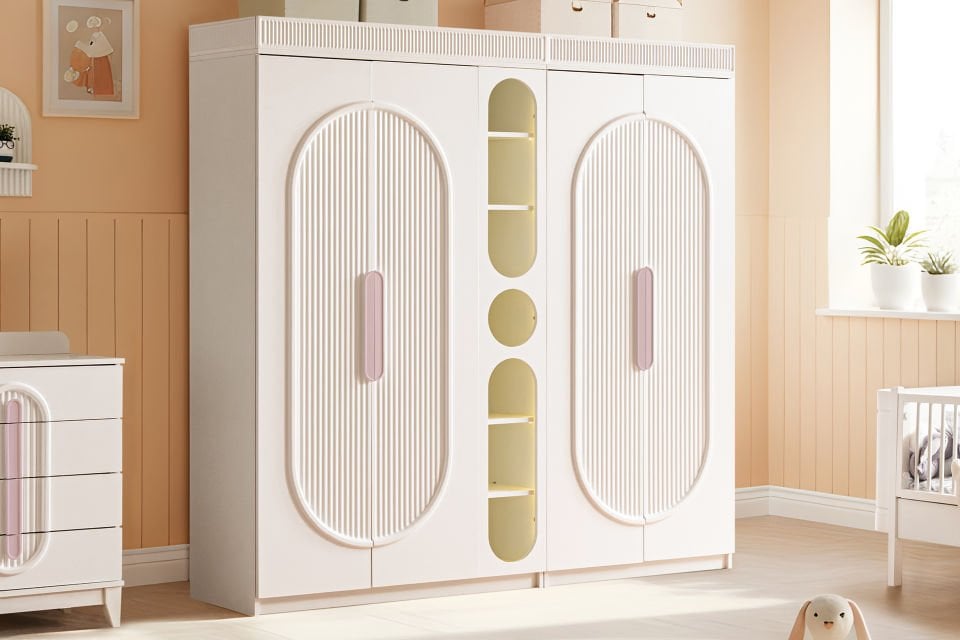 Athena 4 Kapaklı Ledli Kitaplıklı Gardırop - Pembe