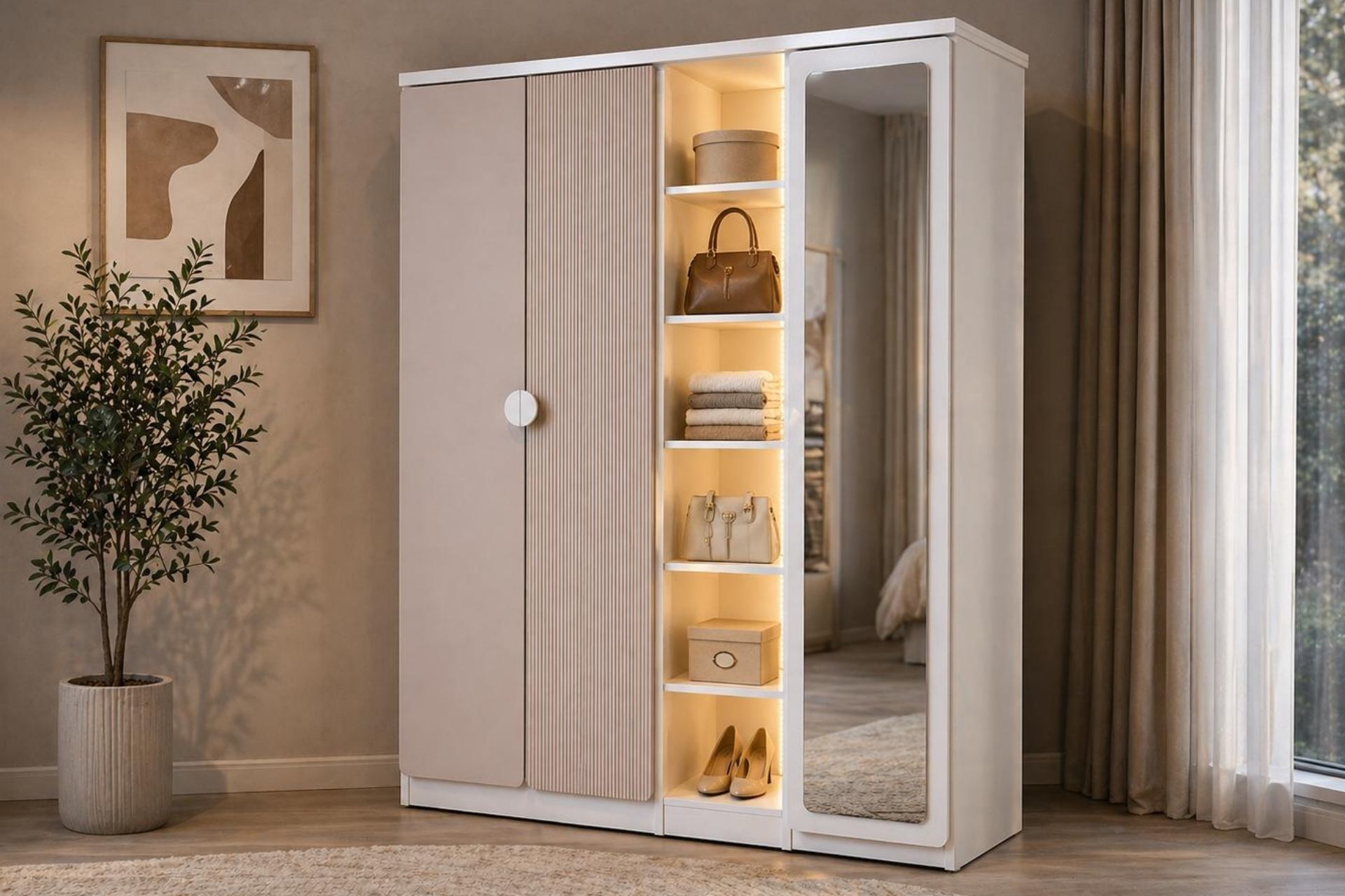 Adelya 3 Kapaklı Ledli Kitaplıklı Aynalı Gardırop