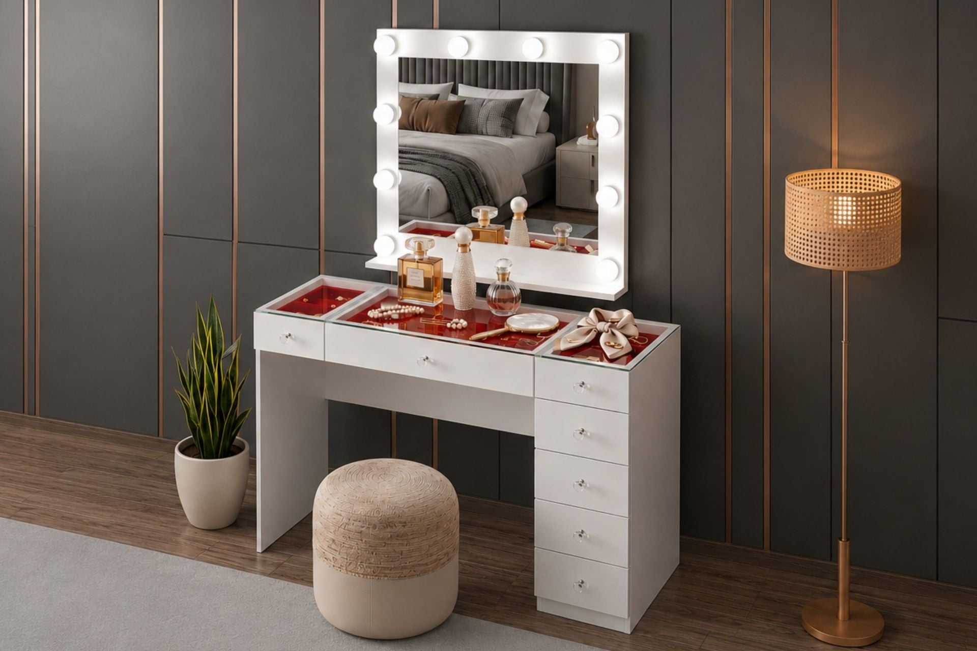 Liora Aynalı Makyaj Masası Kırmızı