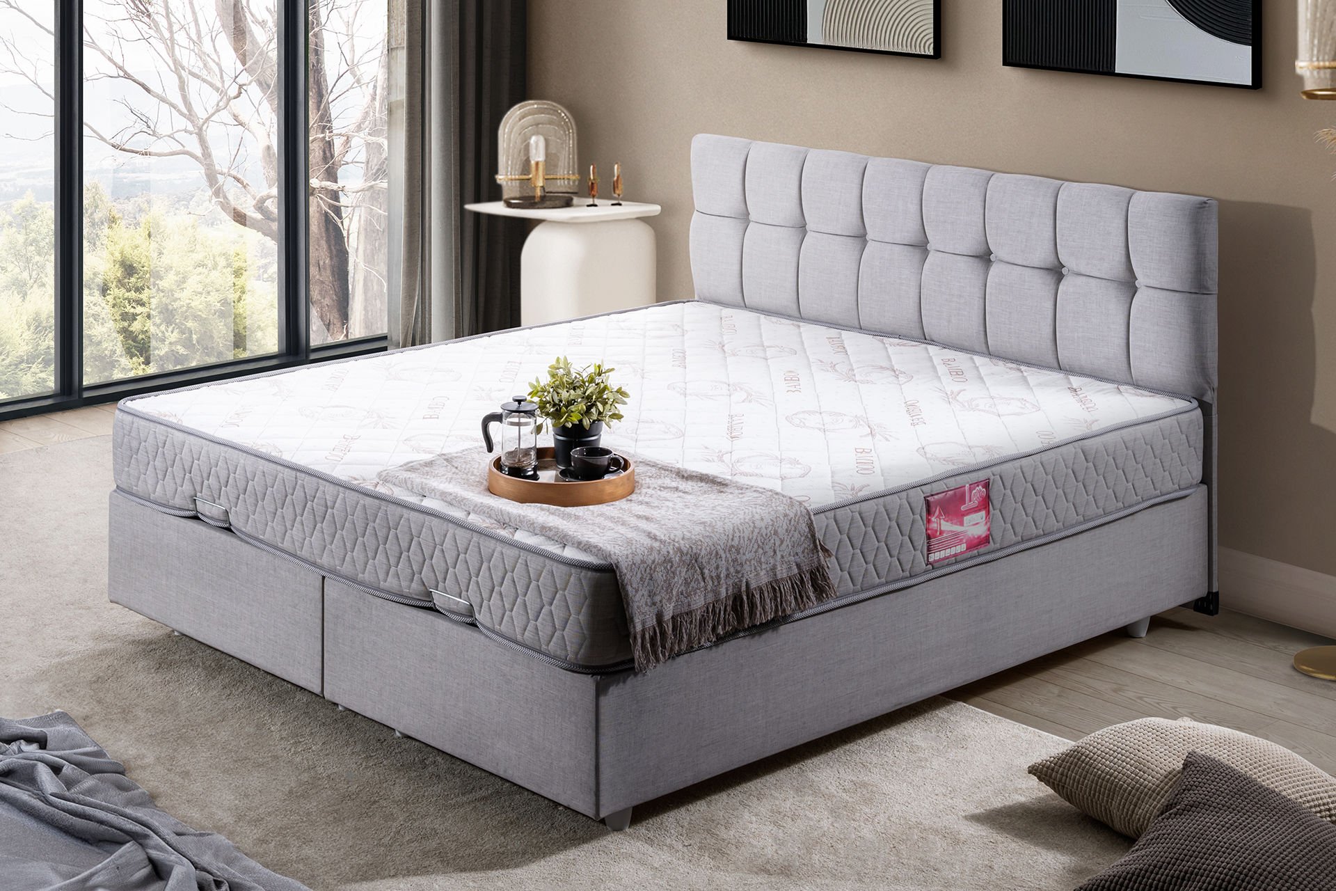 Berlin Çift Kişilik Baza Başlık Letto Yatak Seti 150 x 200 - Açık Gri