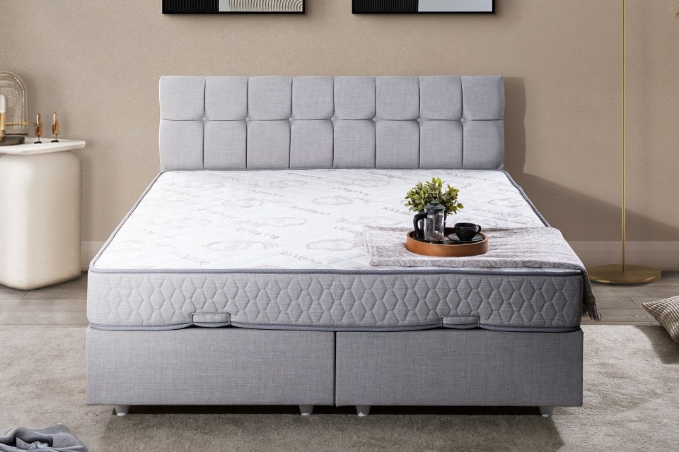 Berlin Çift Kişilik Baza Başlık Letto Yatak Seti 160 x 200 - Açık Gri