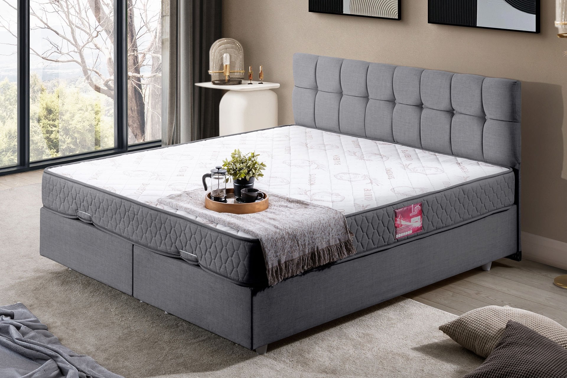 Berlin Çift Kişilik Baza Başlık Letto Yatak Seti 150 x 200 - Gri