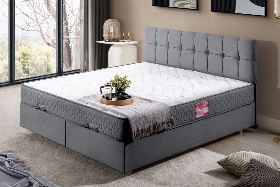 Berlin Çift Kişilik Baza Başlık Letto Yatak Seti 180 x 200 - Gri
