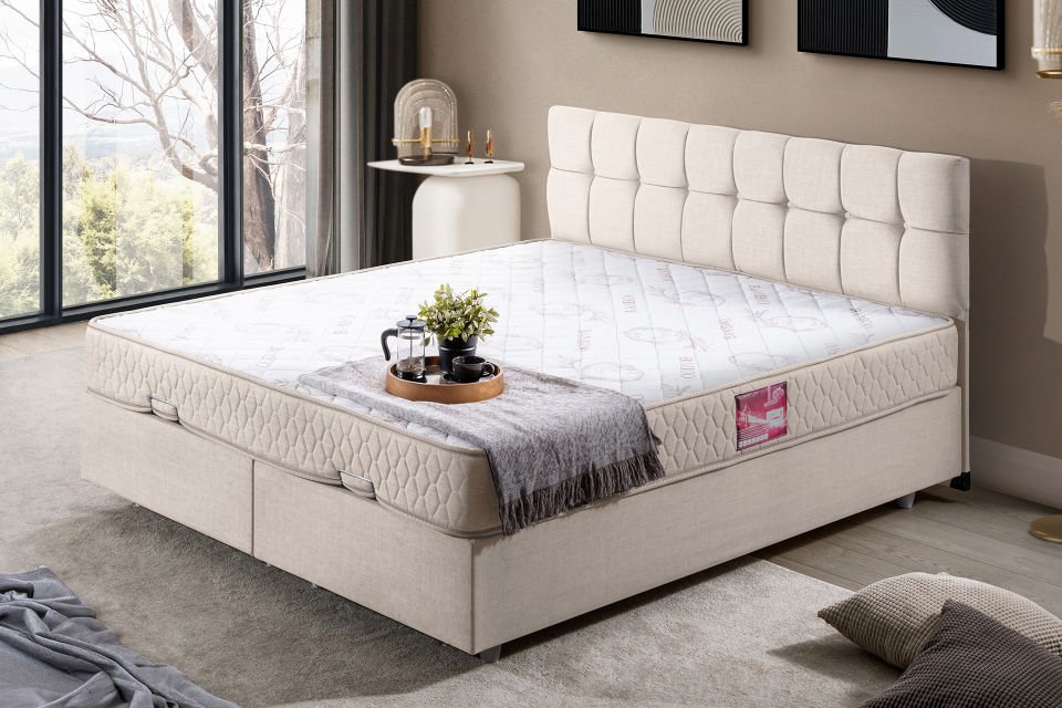 Berlin Çift Kişilik Baza Başlık Letto Yatak Seti 140 x 190 - Krem
