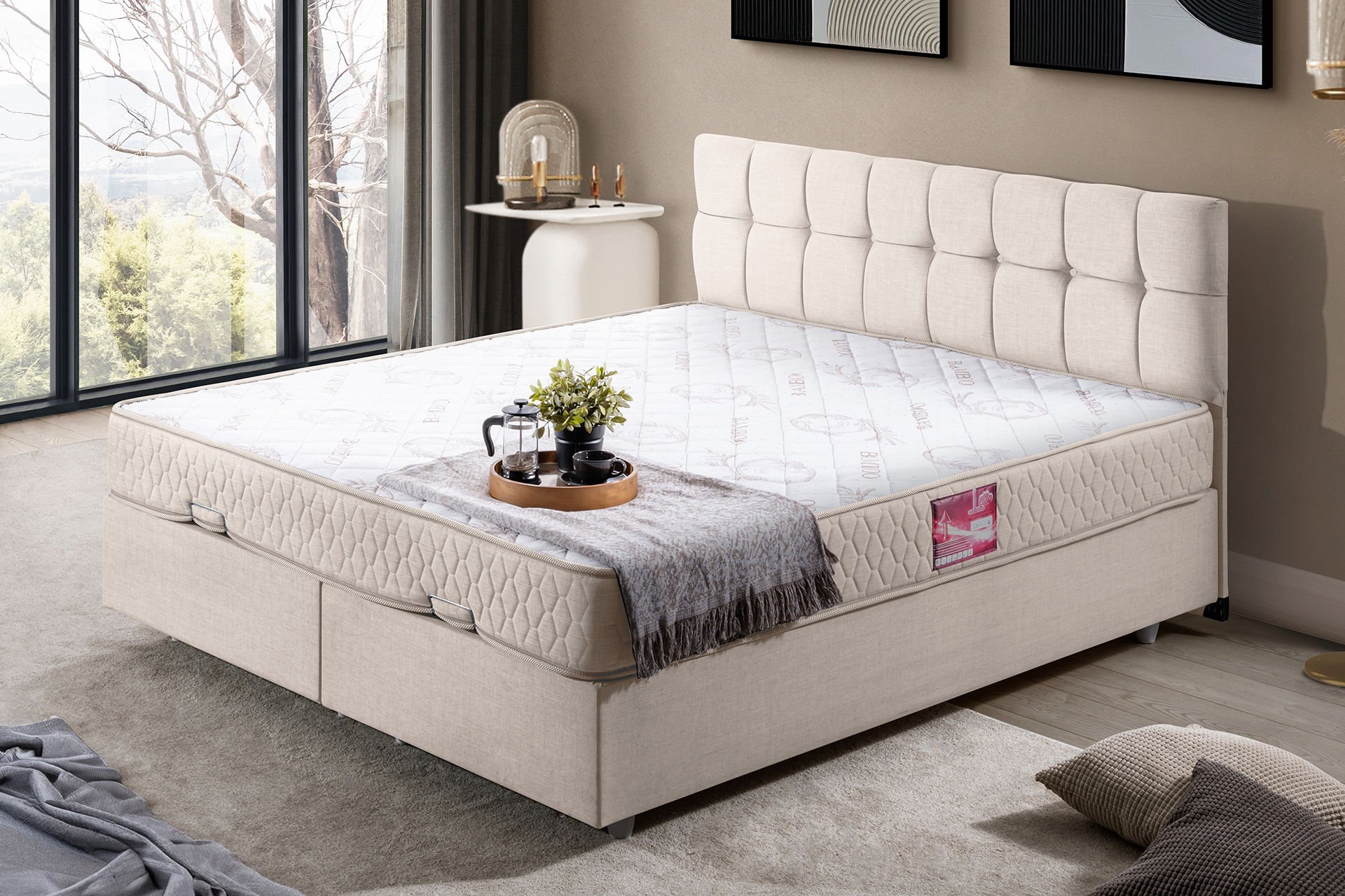 Berlin Çift Kişilik Baza Başlık Letto Yatak Seti 180 x 200 - Krem