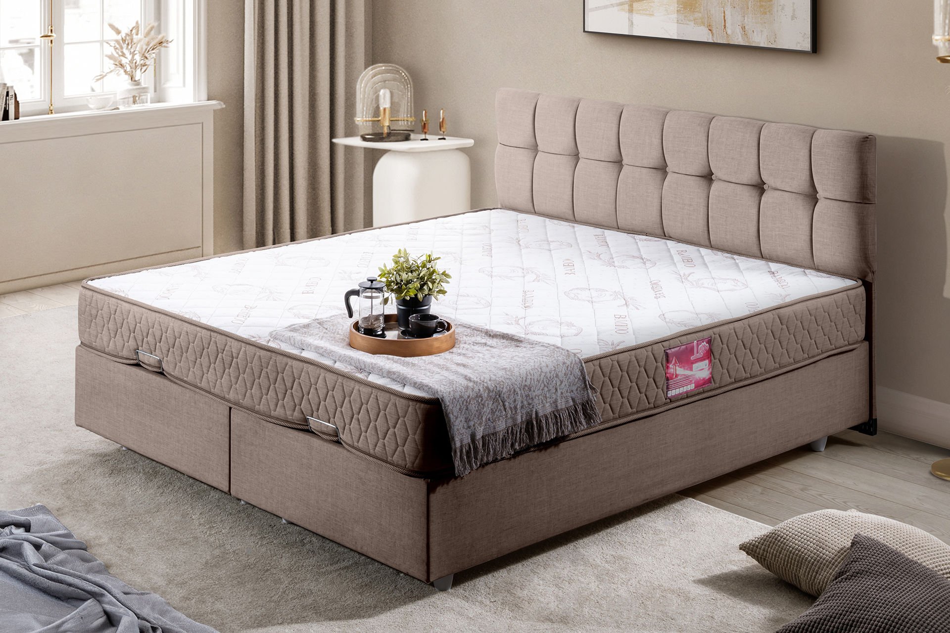 Berlin Çift Kişilik Baza Başlık Letto Yatak Seti 180 x 200 - Kahve